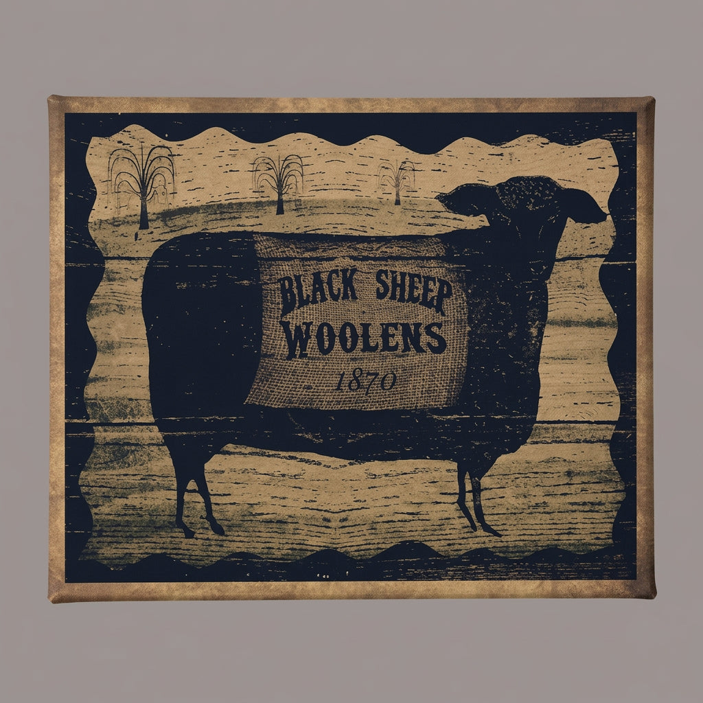 A canvas print featuring a vintage-style image of a black sheep with the text 'Black Sheep Woolens 1777' in a rural landscape background.