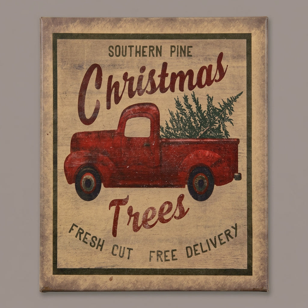 A canvas print featuring a vintage red truck with a Christmas tree in the bed, and text that reads 'Southern Pine Christmas Trees, Fresh Cut Christmas Trees, Cut Free Delivery'.