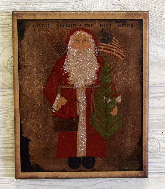 Canvas print featuring a Santa holding a basket, tree and flag