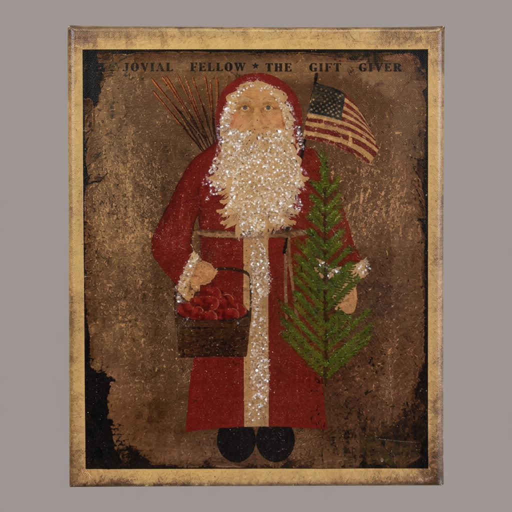 Canvas print featuring a Santa holding a basket, tree and flag