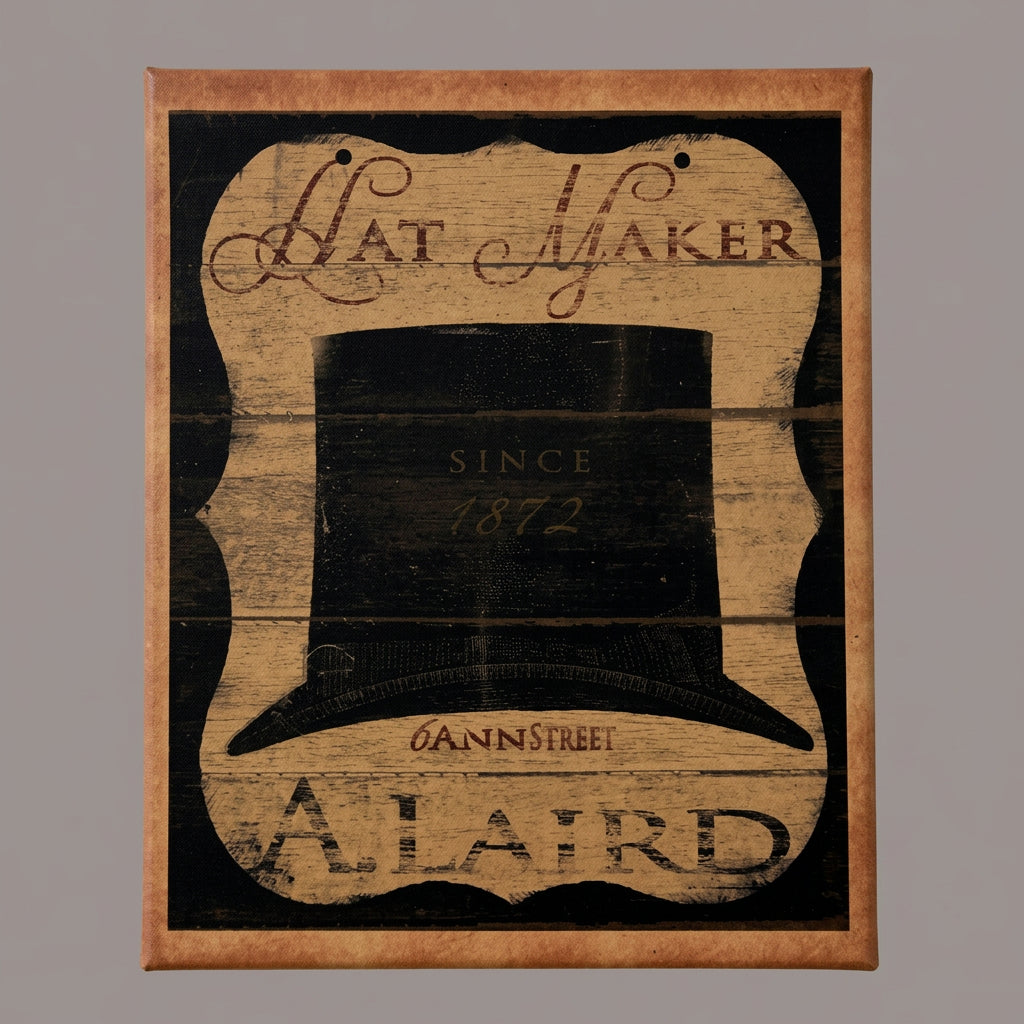 A canvas print featuring a silhouette of a hat and the text 'HAT MAKER' in a vintage style, set against a wooden background.