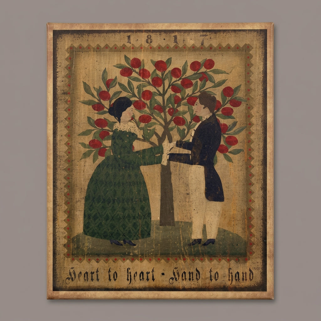 A canvas print featuring a historical or vintage design with a man and a woman looking at a tree full of apples, with the text 'heart to heart - hand to hand' at the bottom.