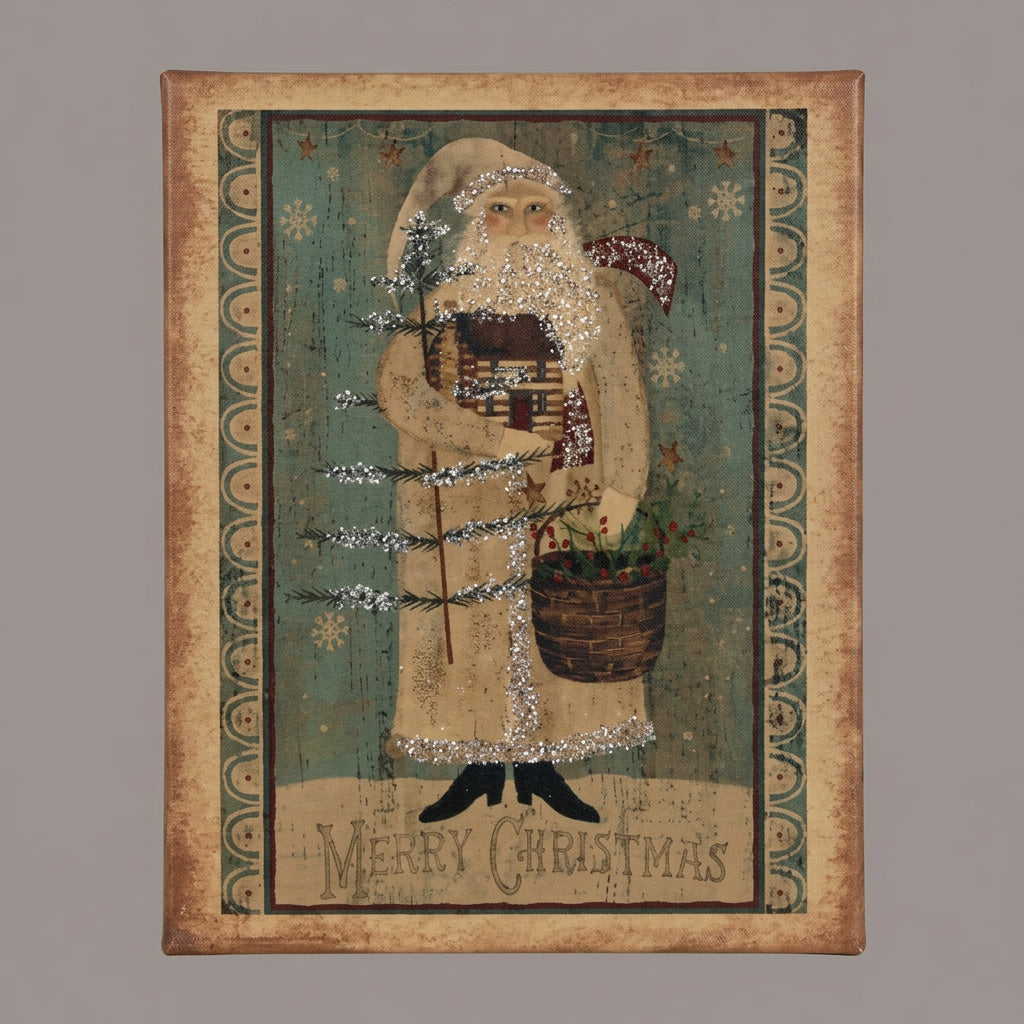 A canvas print featuring a rustic Santa holding a log cabin, with a festive background and the text 'Merry Christmas' on the lower part.