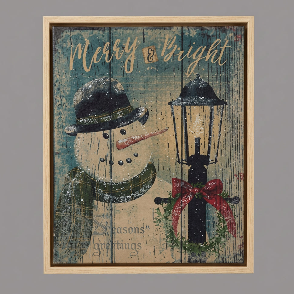 Canvas print with a snowman next to a post light with the words "Merry & Bright" above him