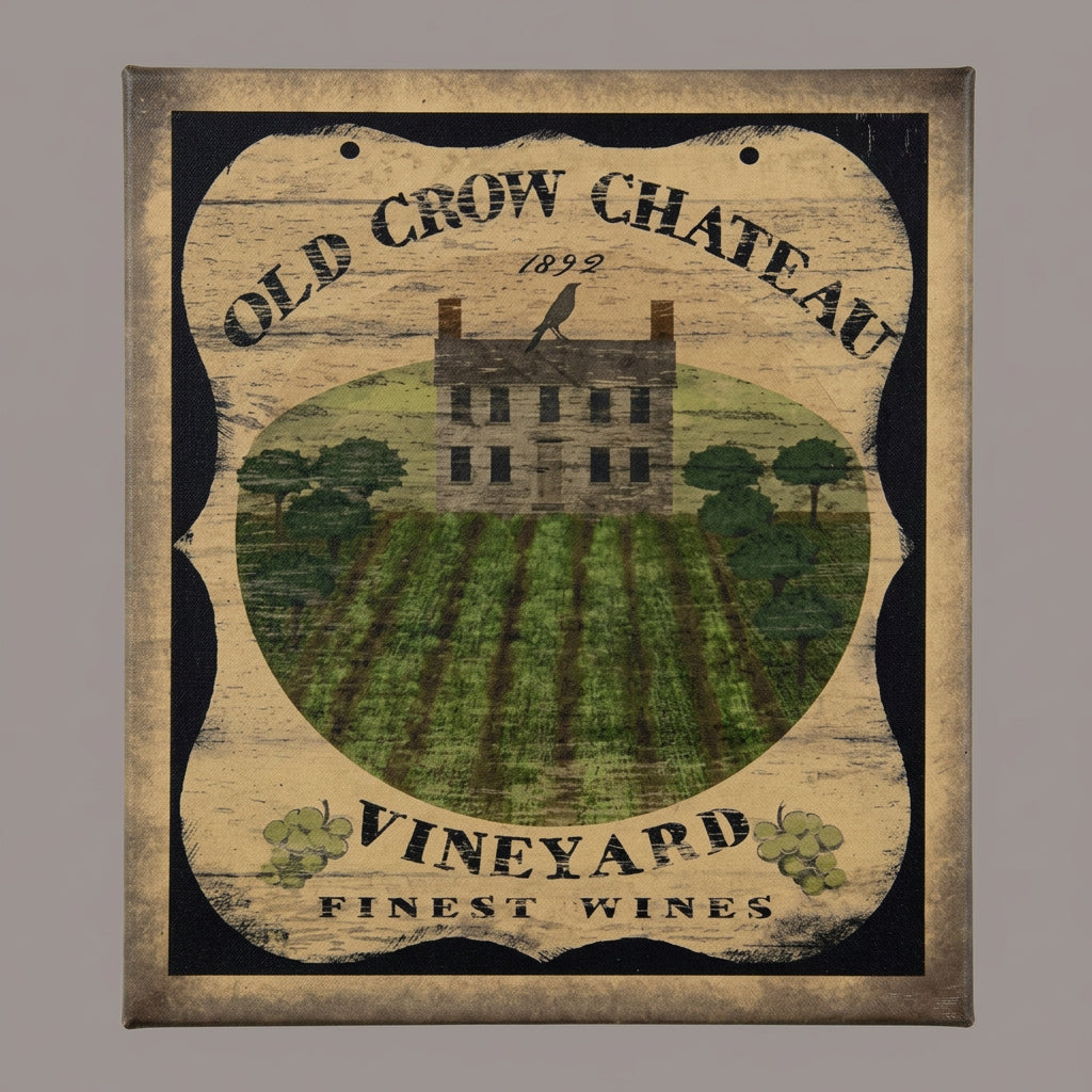 Canvas print with a house in front of a vineyard advertising wine