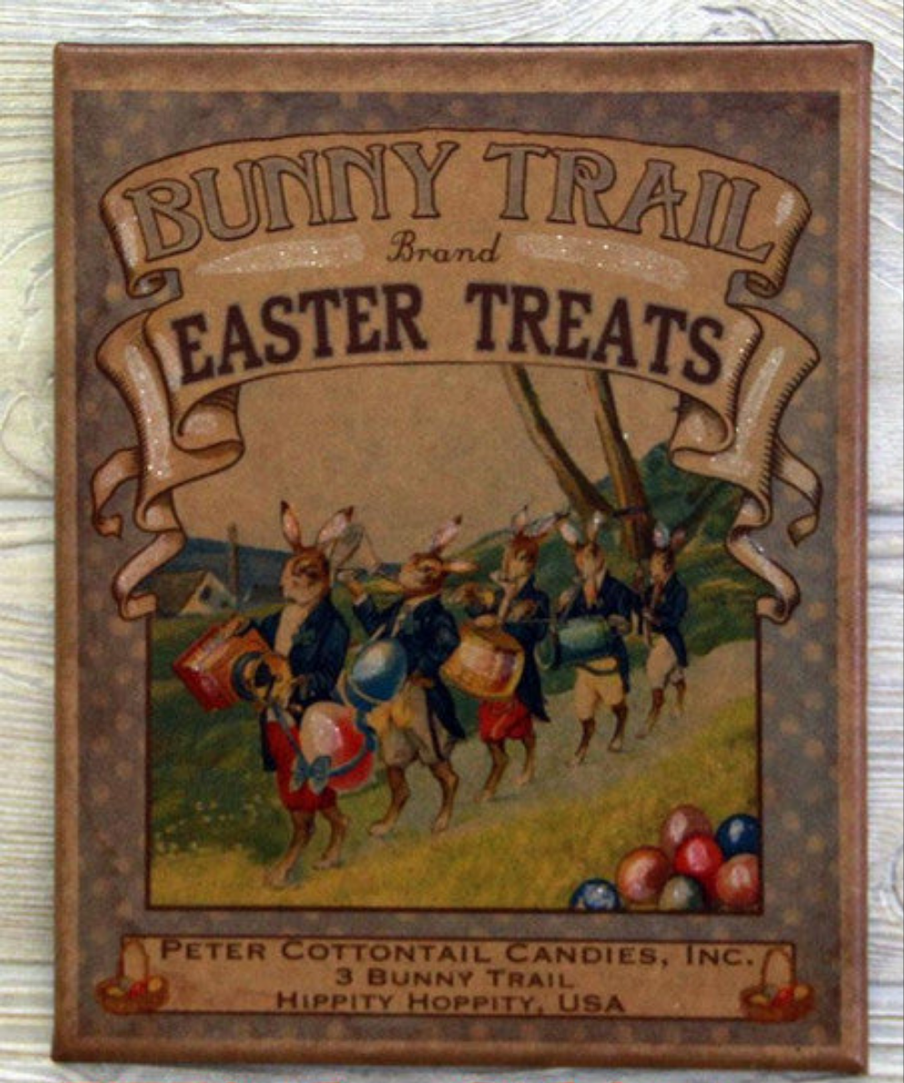 Canvas print featuring an illustration of Easter Bunnies advertising their brand of Easter treats