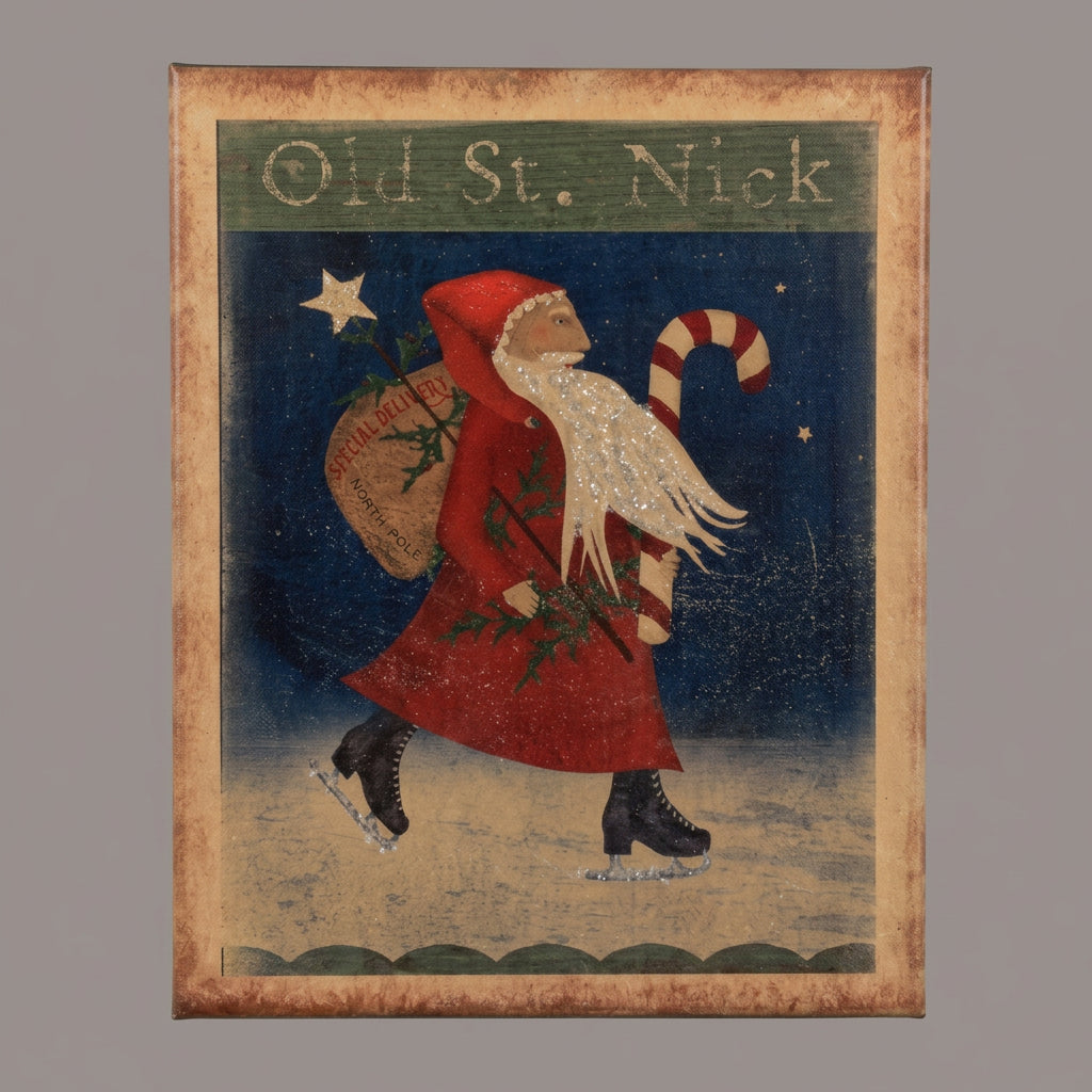 A canvas print featuring the figure of Old Saint Nick, also known as Santa Claus, with a sack full of gifts, set against a blue background with stars and holly. The text 'OLD ST.