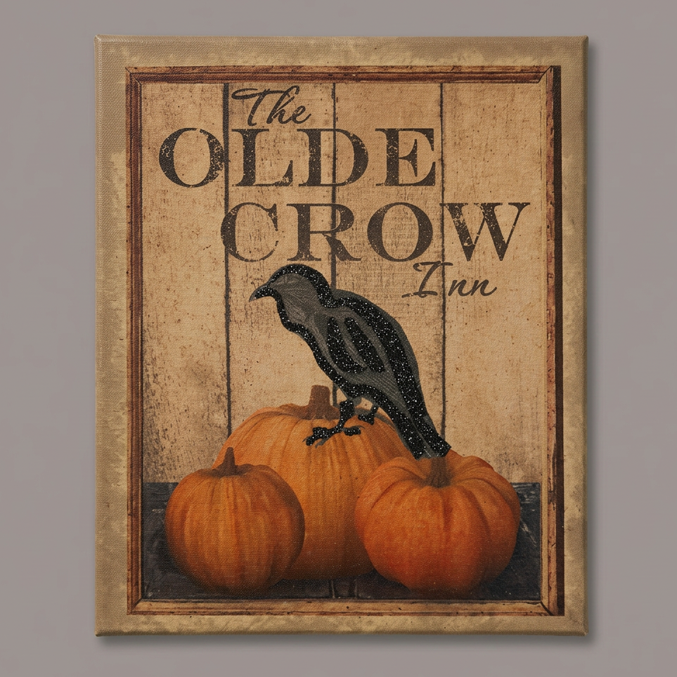 Canvas print featuring a crow standing on top of three pumpkins with the words :The Olde Crow Inn" over the illustration