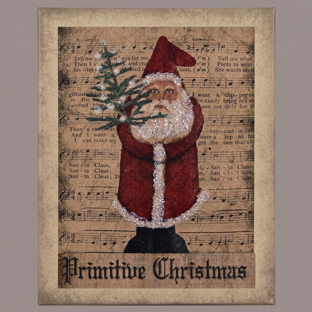 Canvas print with an illustration of Santa holding a feather tree standing in front of sheet music