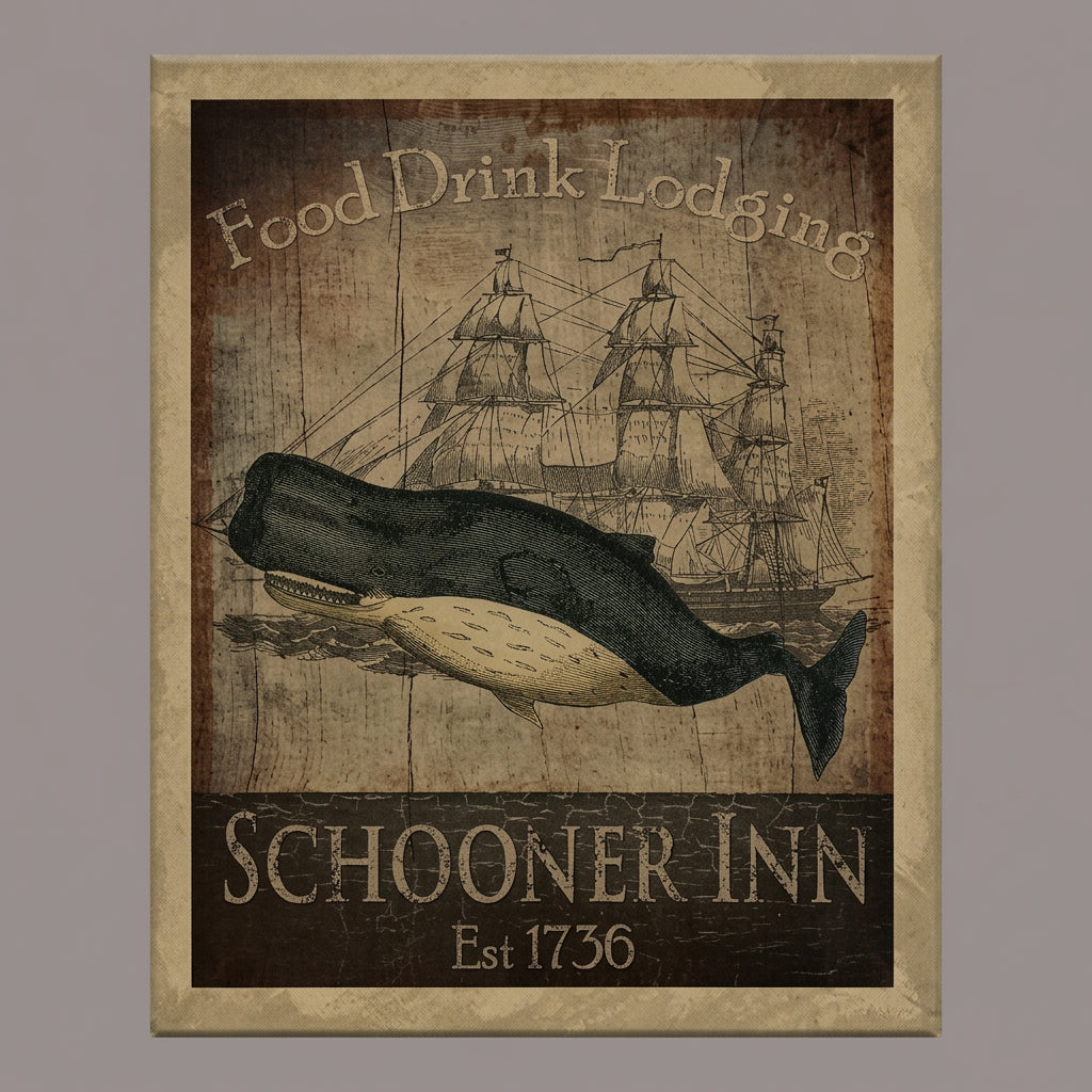 A canvas print featuring an illustration of a whaling ship with a whale, titled 'Food Drink Lodging' and 'Schooner Inn', established 1756.