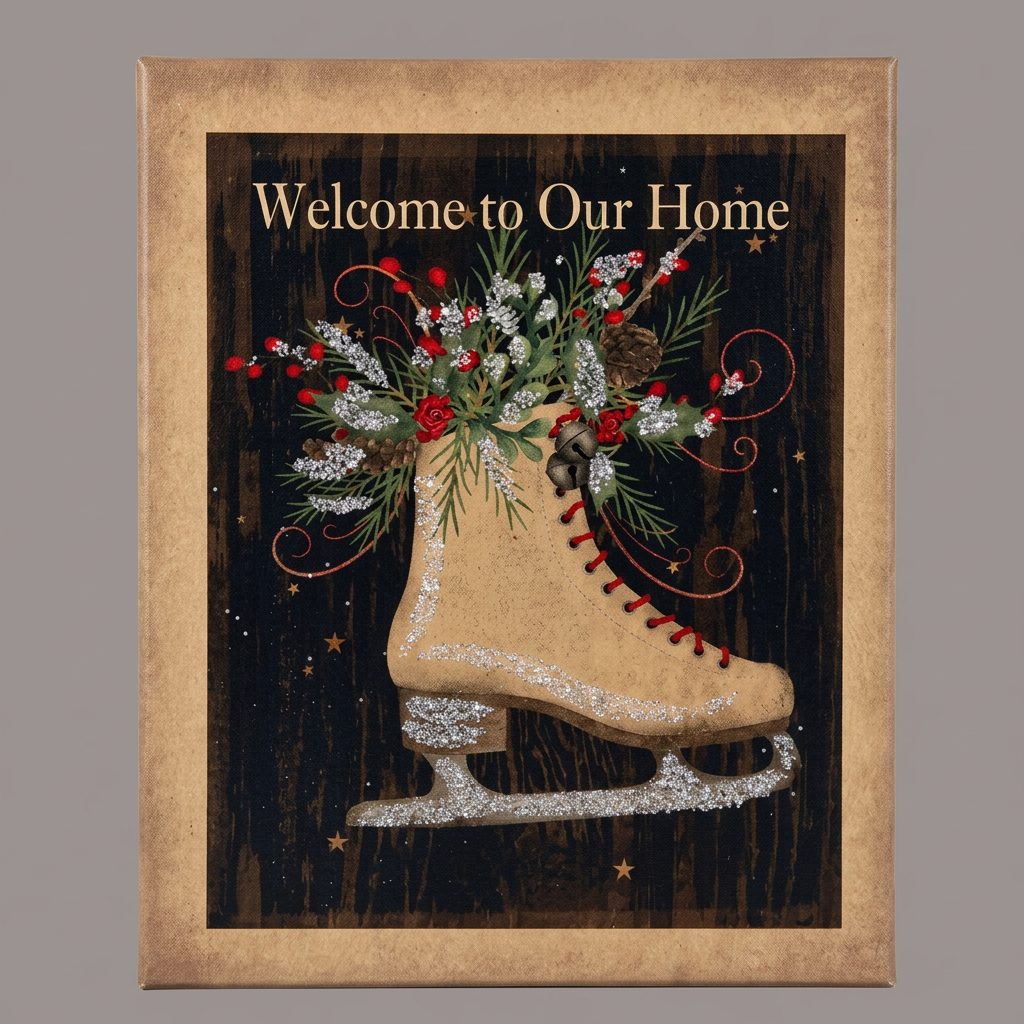 Canvas print with an illustration of an ice skate with winter branches coming out of the top with the words "Welcome to Our Home" above it