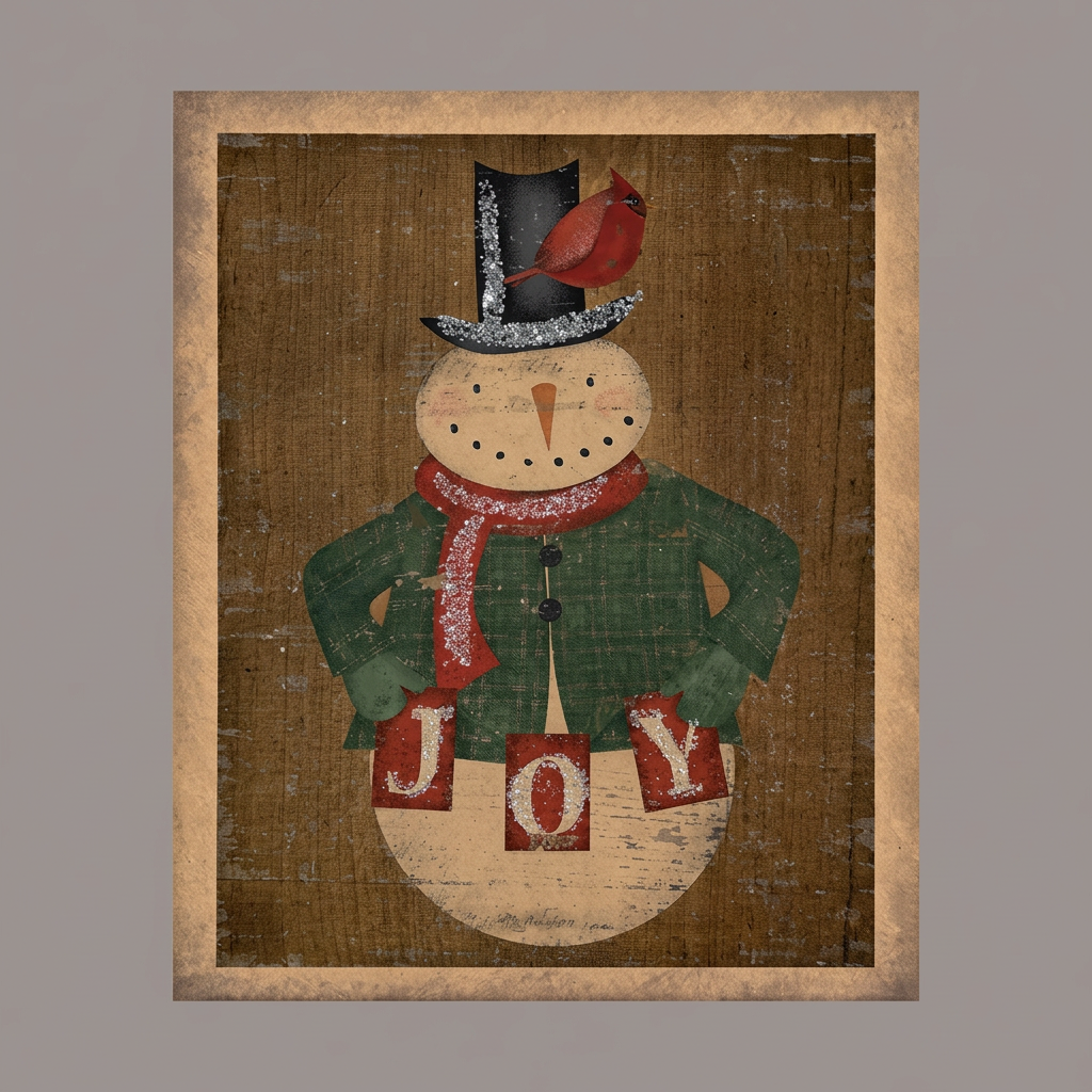 Canvas print depicting a snowman dressed in a top hat with a cardinal sitting on his hat