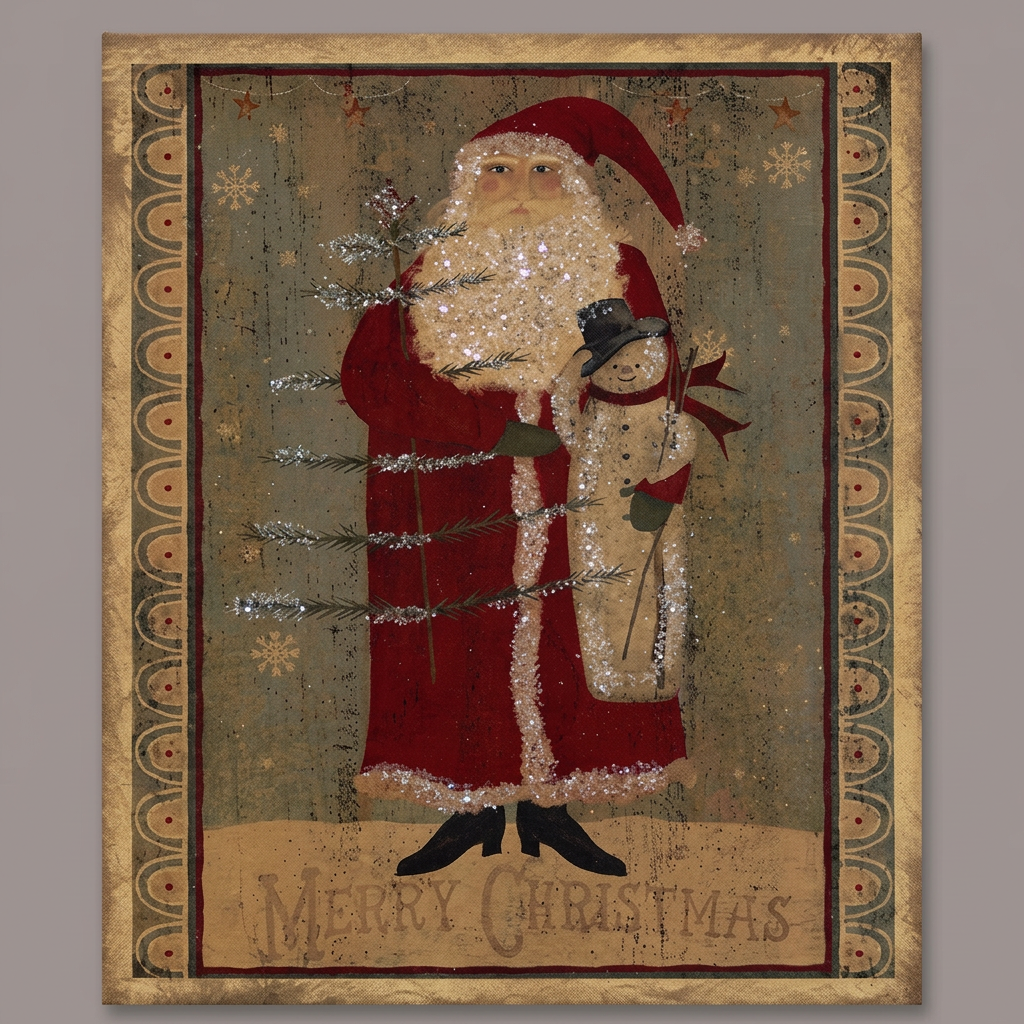 Canvas print with a Santa holding a snowman and a feather tree with a decorative border