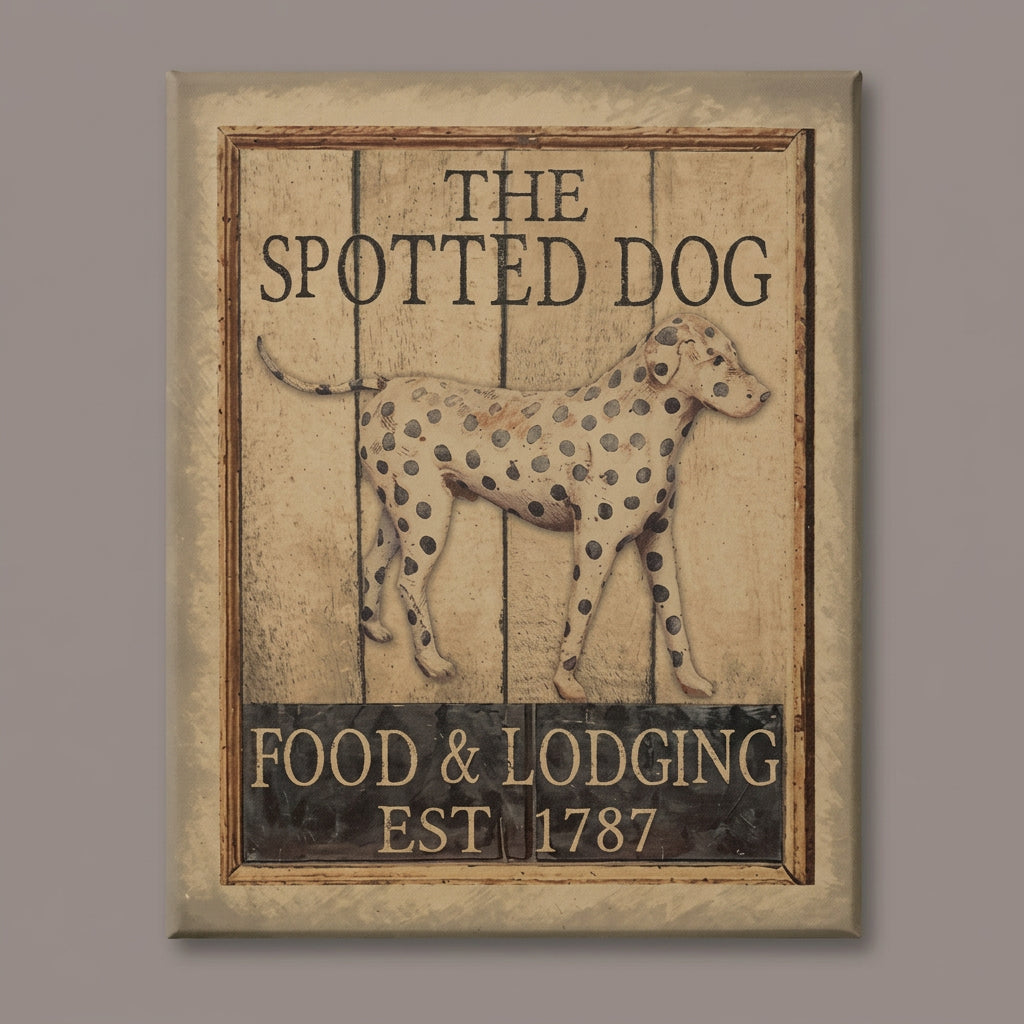 Print with a spotted dog and advertising food and lodging