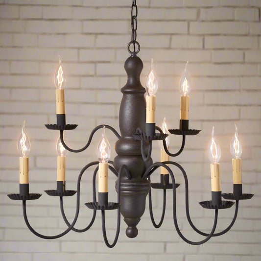A two-tiered wooden chandelier with nine arms, featuring a textured black finish and hanging from a chain.