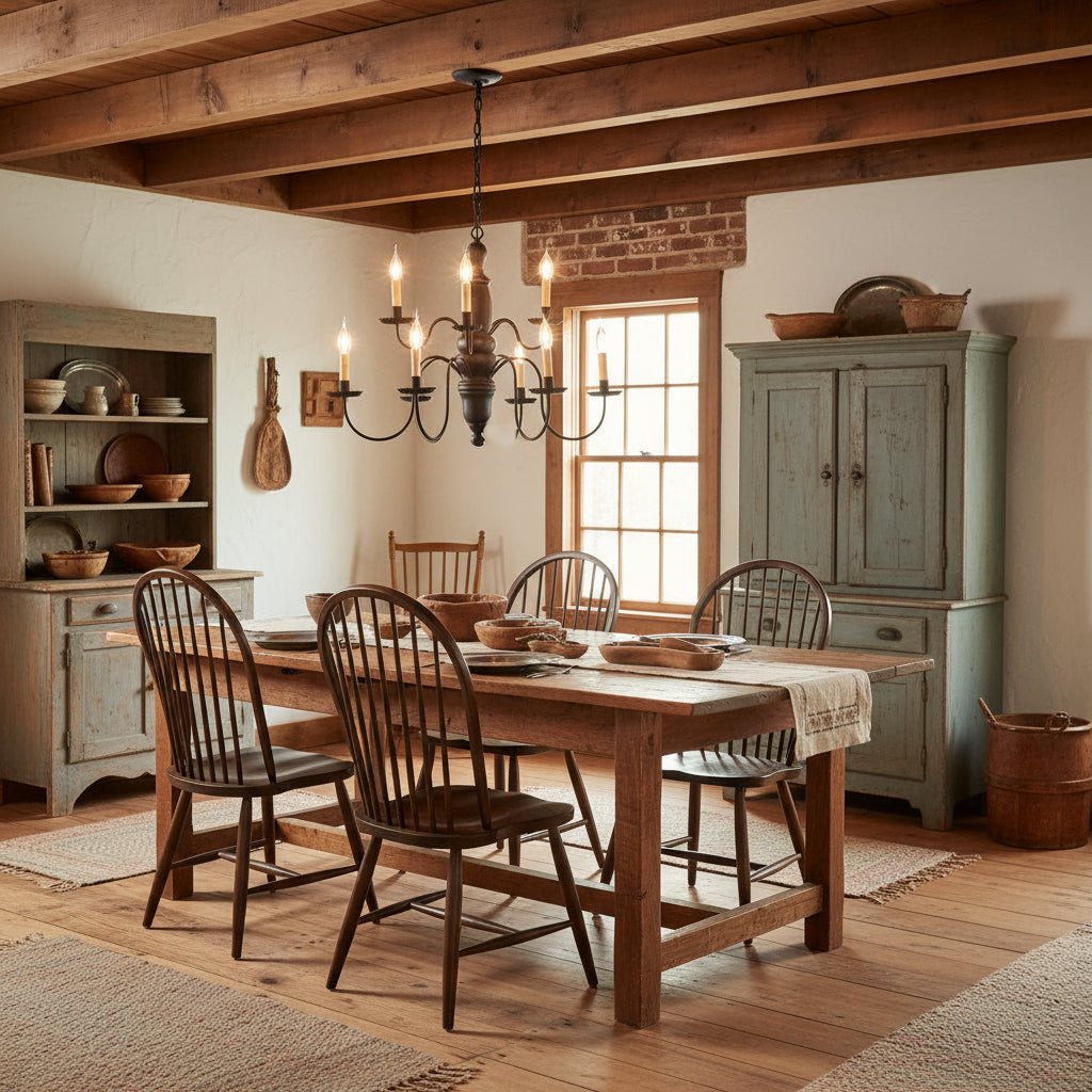 A two-tiered wooden chandelier with nine arms, featuring a textured black finish and hanging from a chain hanging over table in primitive dining room.