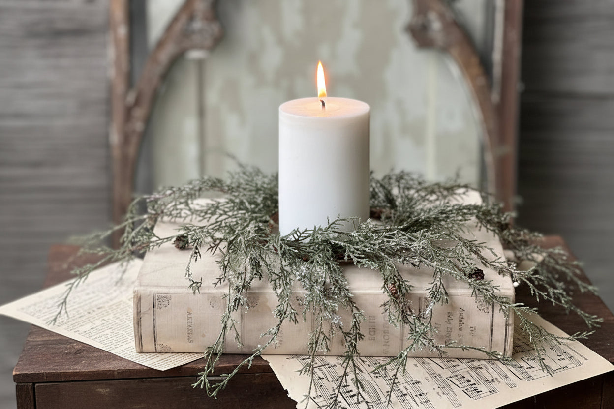 White candle on books with greenery and a vintage mirror in the background