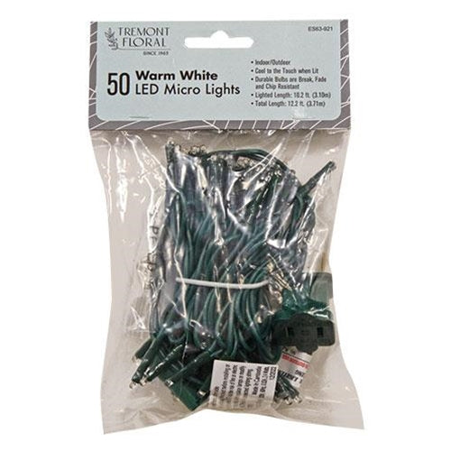 Warm White LED Micro Lights - 50 Count - Green Cord