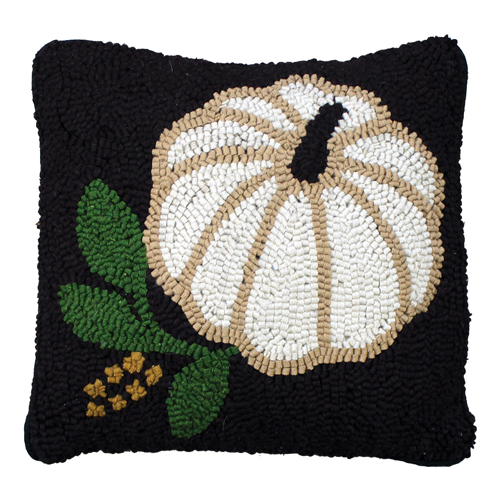 Primitive hooked pillow with white pumpkin