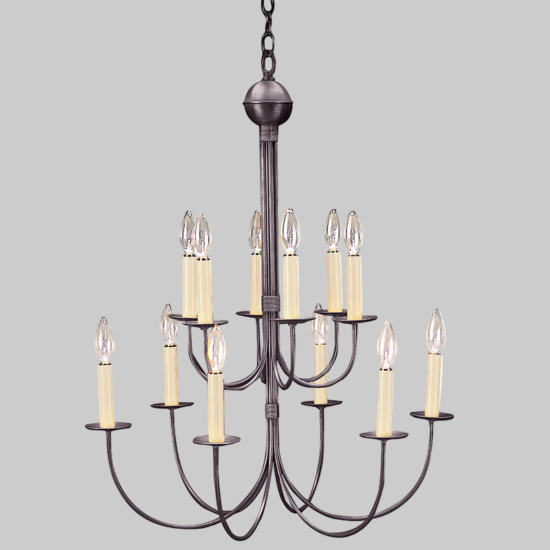 Chandelier with multiple candle-style lights on a white background