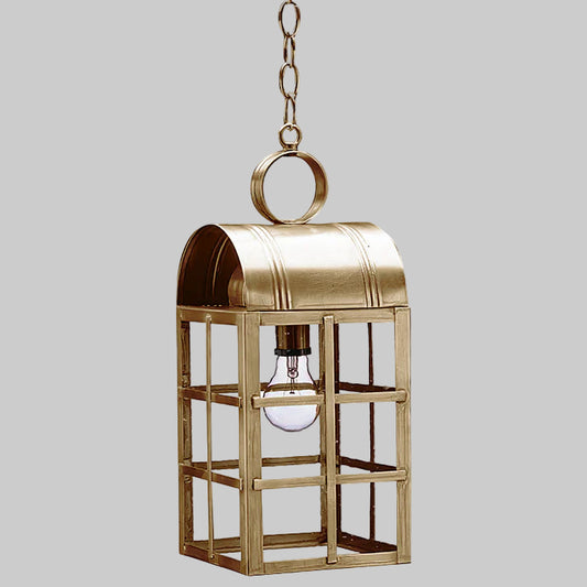 Gold hanging lantern with a light bulb inside on a gray background
