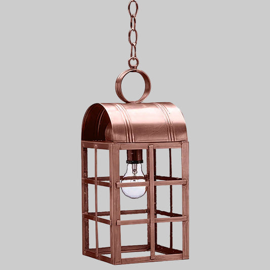 Copper hanging lantern with a white bulb on a gray background