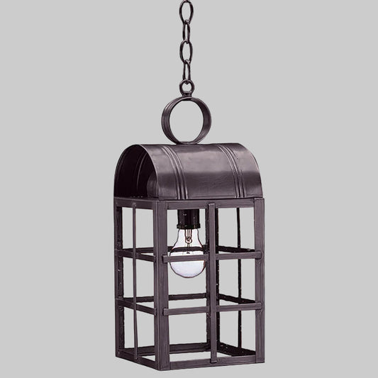 Black metal hanging lantern with a visible light bulb on a gray background