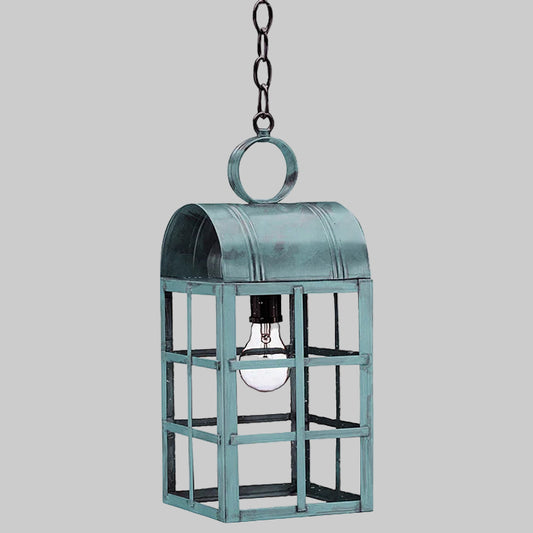 Metal hanging lantern with a chain on a gray background
