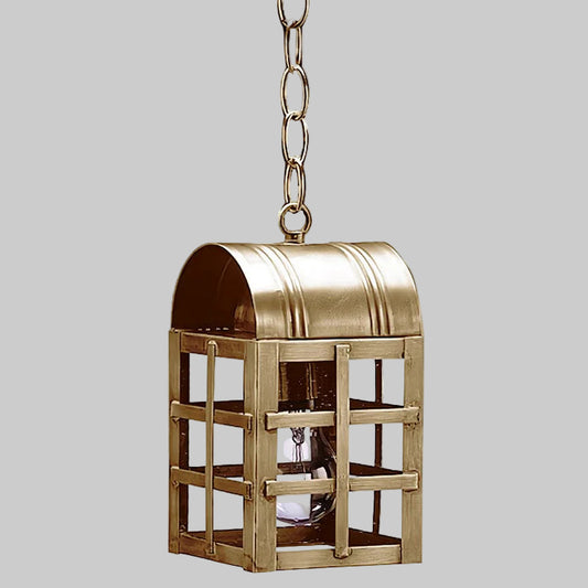 Brass hanging lantern with chain on a gray background