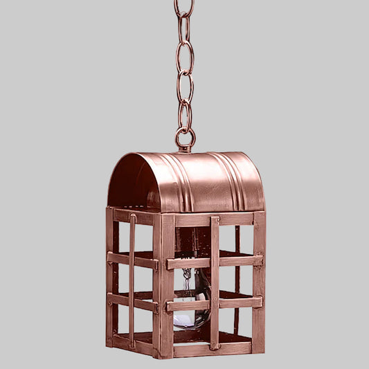 Copper hanging lantern with a chain on a gray background