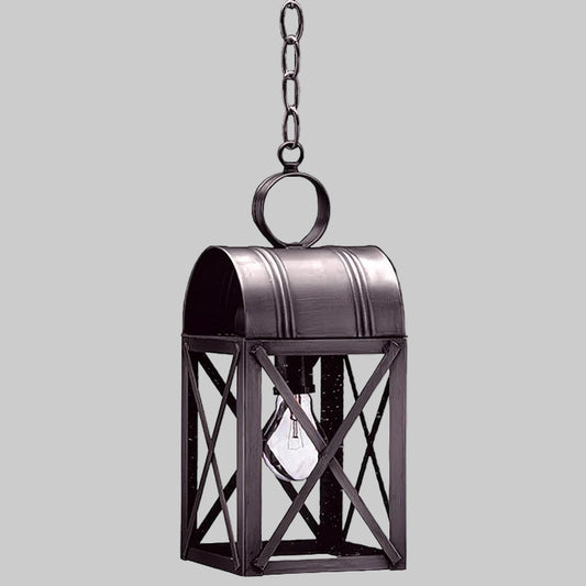 Black metal hanging lantern with a chain on a gray background