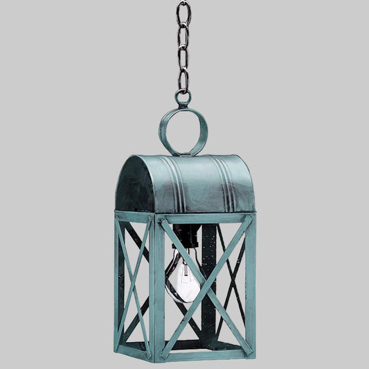 Metallic hanging lantern with a chain on a gray background