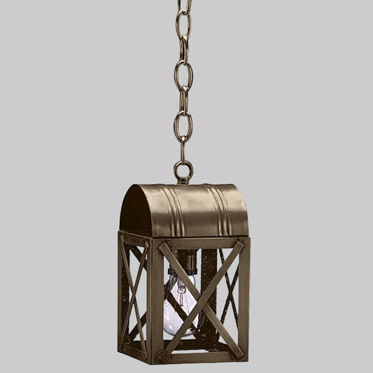 Bronze hanging lantern with chain on a gray background