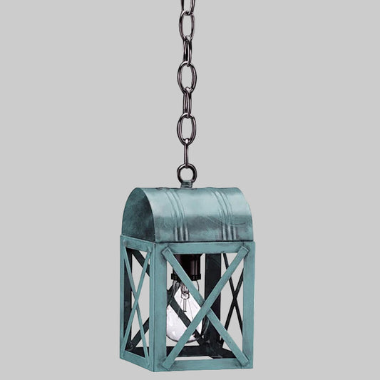 Teal hanging lantern with chain on a gray background