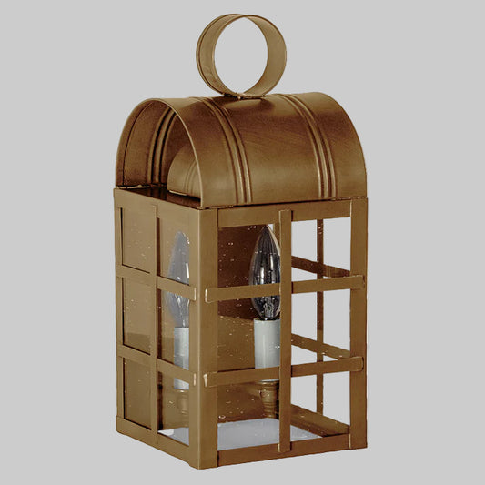 Bronze outdoor wall lantern with glass panels on a white background