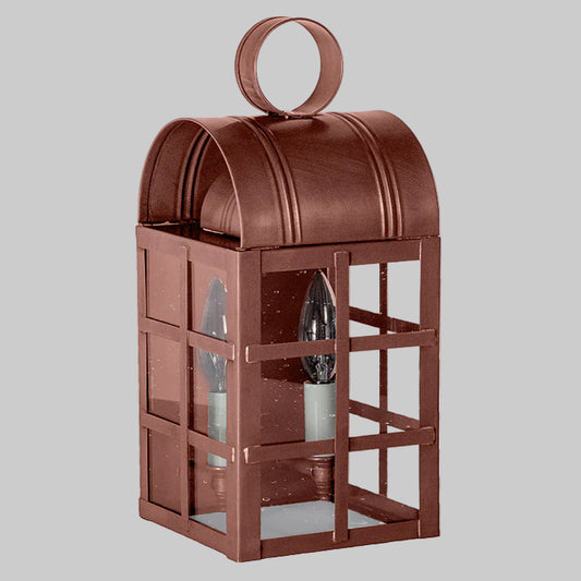 Brown outdoor wall lantern with glass panels on a white background