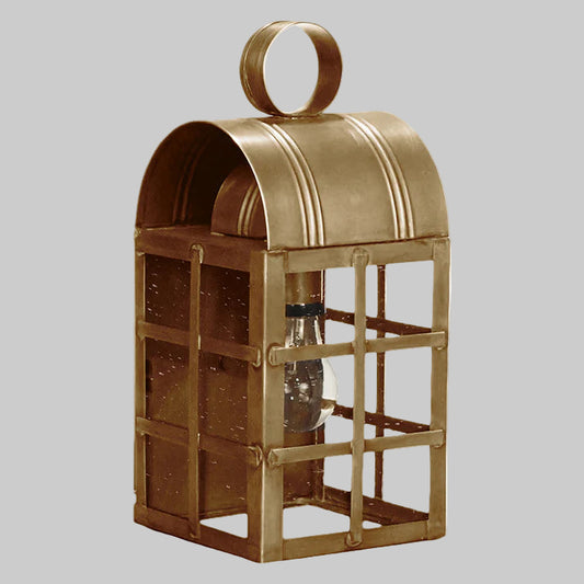 Bronze-colored metal lantern with a handle on a white background