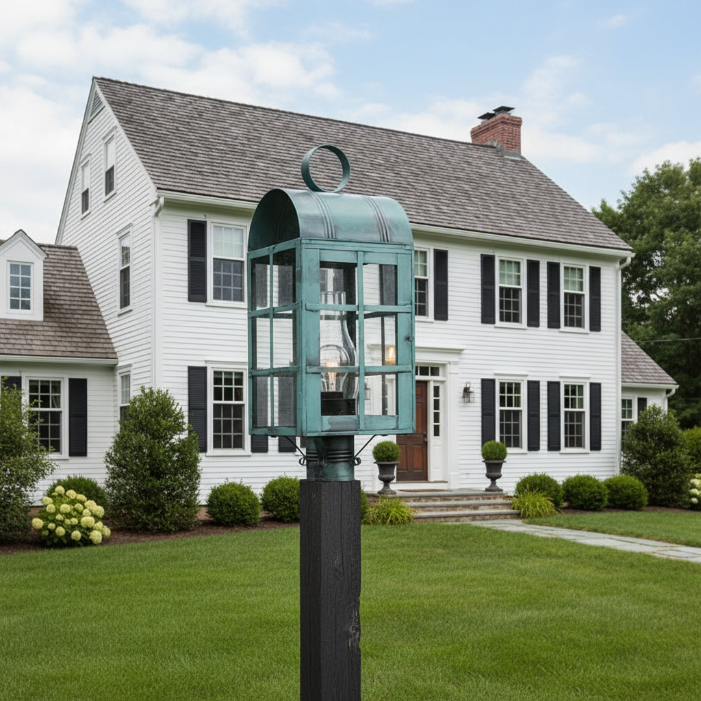 Decorative outdoor lamp with a house in the background