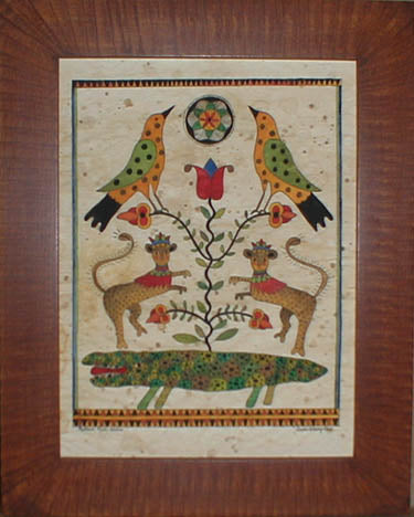 A colorful art and craft paper featuring an illustration of an alligator, lions, and birds on a tiger maple background, signed and numbered.