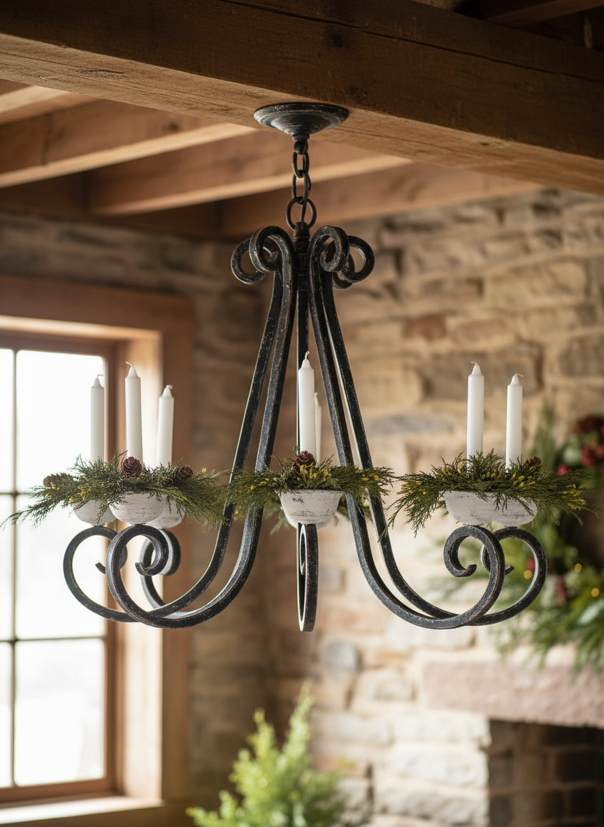 Decorative chandelier with candles in a rustic room setting