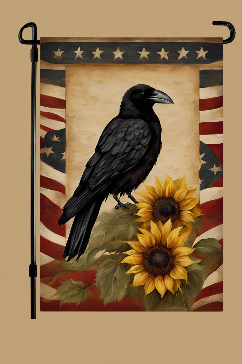Decorative flag with a black crow and sunflowers on an American flag background, featuring the brand 'Homestead'.