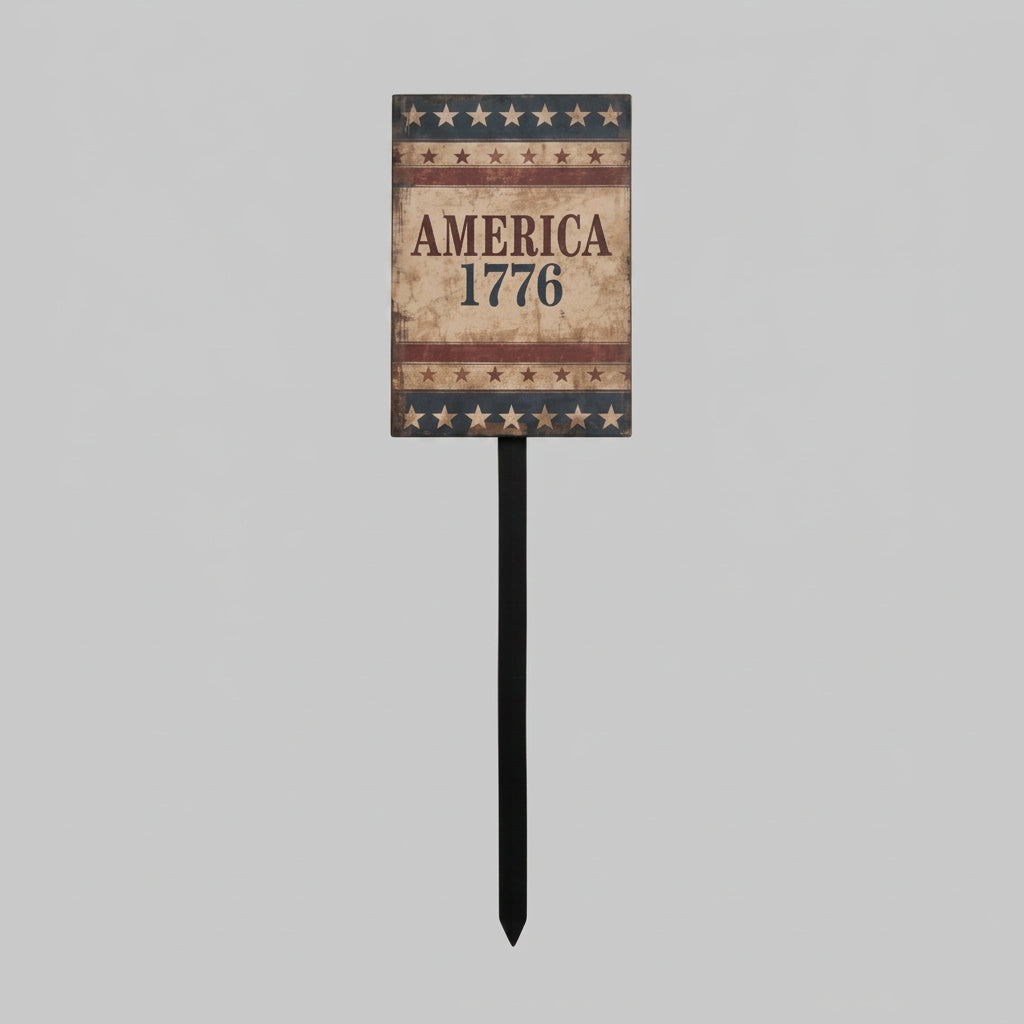 Decorative sign with 'America 1776' on a textured surface