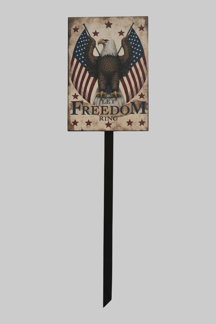 Decorative sign with an eagle and American flags on a gray background