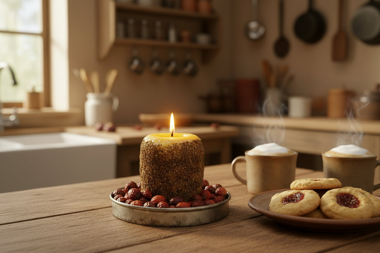Candle on tin tray in primitive kitchen