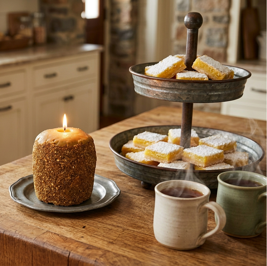 Lit Lemon Custard Hearth Candle on a pewter plate beside a tiered tray of lemon bars and two mugs
