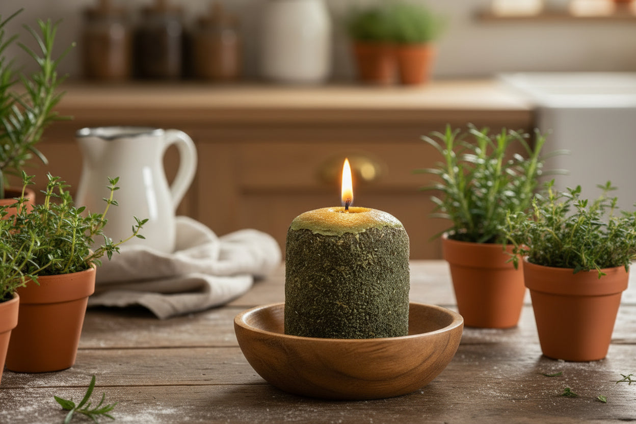 Candle in a wooden bowl surrounded by potted plants on a wooden table.