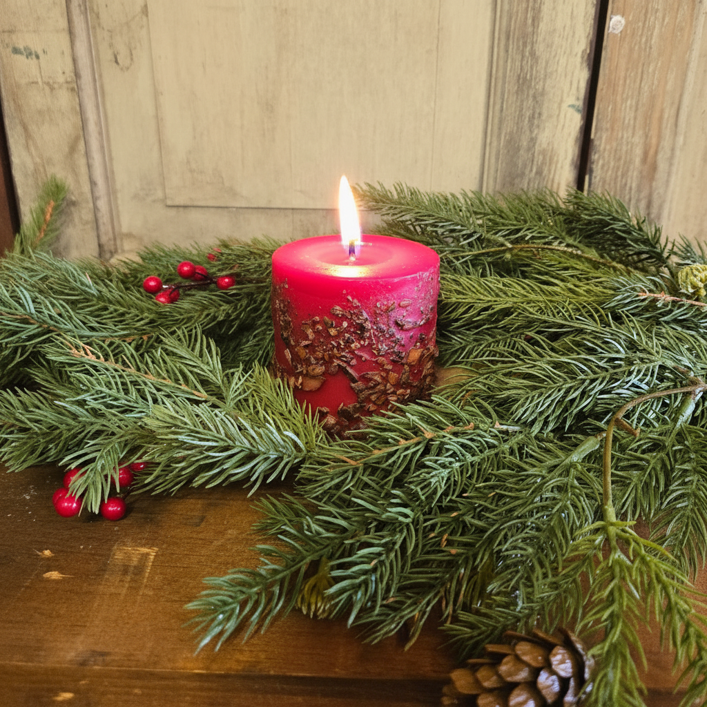 Pink candle with decorative finish on a bed of green pine branches and red berries on a wooden surface.