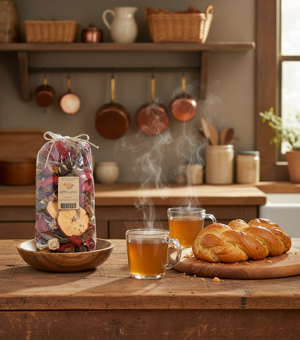 Packaged apple pie spice mix with a label on a decorative background of greenery