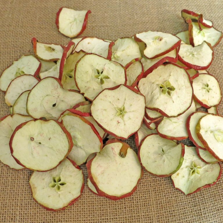 Slices of dried apples with red edges sitting on burlap fabric
