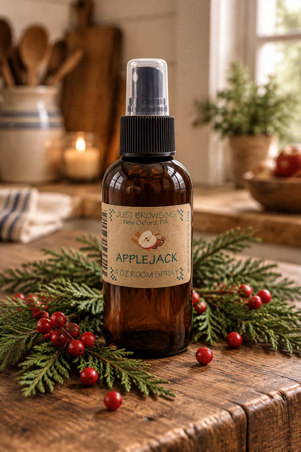 A 4oz bottle of Applejack room spray with a mist spray top. The label features the product name and a brief description.